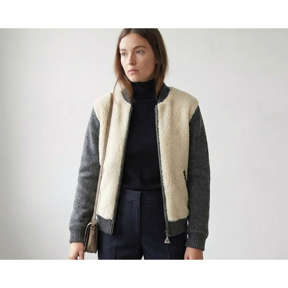 Chipie Vintage 90s Sherpa Fleece Jacket French Designer Gray Knit Bomber Mixed M - Picture 9 of 9